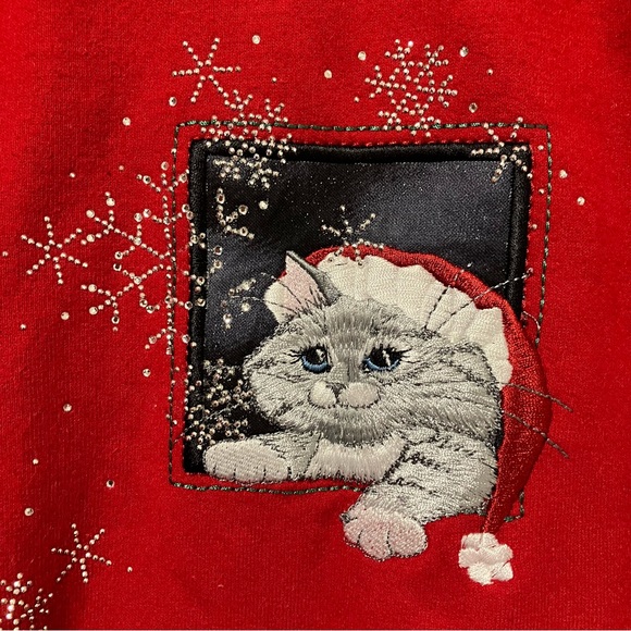 Top Stitch Embroidered Cat & Snowflakes Red Double Collar Crewneck Sweatshirt - Picture 3 of 8